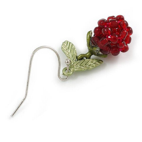 Pendientes colgantes de bayas de vidrio rojo púrpura con hojas de esmalte verde - 35 mm L - Imagen 3 de 4