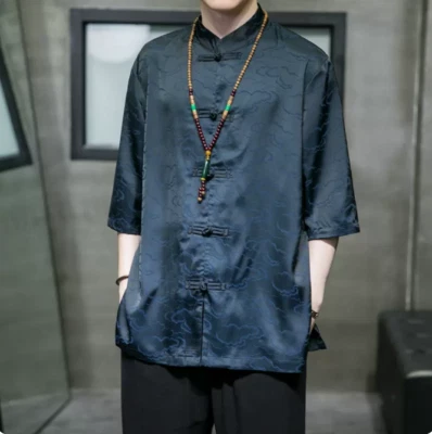 Chinese Style Silk Shirt Men Summer Tang Suit Retro Short-sleeved