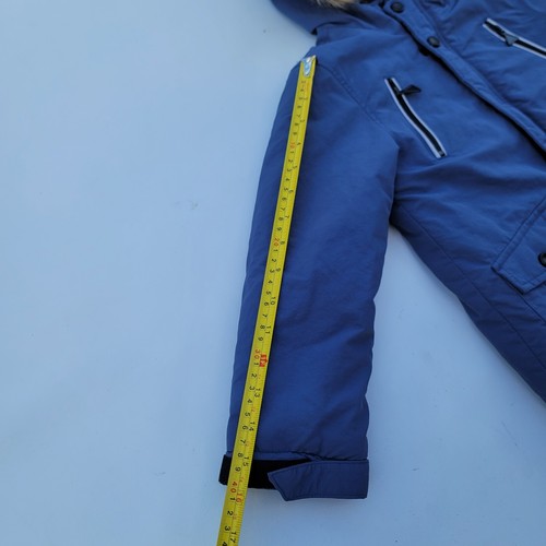 Tahari Boys Parka Puffer Jacket Coat Blue Beige Faux Fur Trimmed Hood Size 5 - Picture 8 of 12