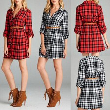 Women's Fit & Flare Plaid Button Up Shirt Dress with Belt