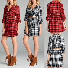 Women's Fit & Flare Plaid Button Up Shirt Dress with Belt