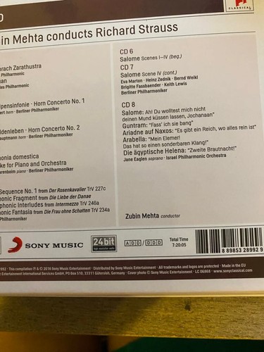 Zubin Mehta Conducts Richard Strauss 8 CD *LIKE NEW* Sony Classical Box Set - Foto 2 di 2