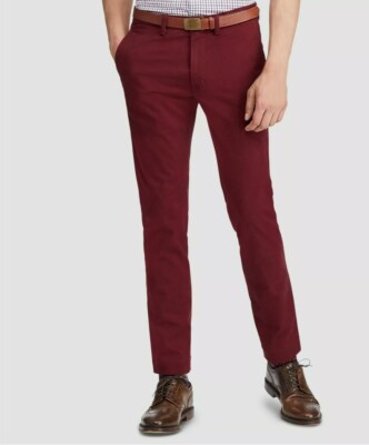 $99 Polo RALPH LAUREN Mens 34 30 Chino PANTS Red Wine Stretch SLIM FIT  TROUSERS