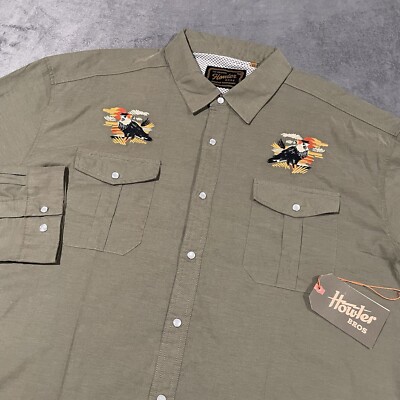 Howler Brothers Shirt Men XL Green Gaucho Snapshirt Caracaras Vented Embroidered