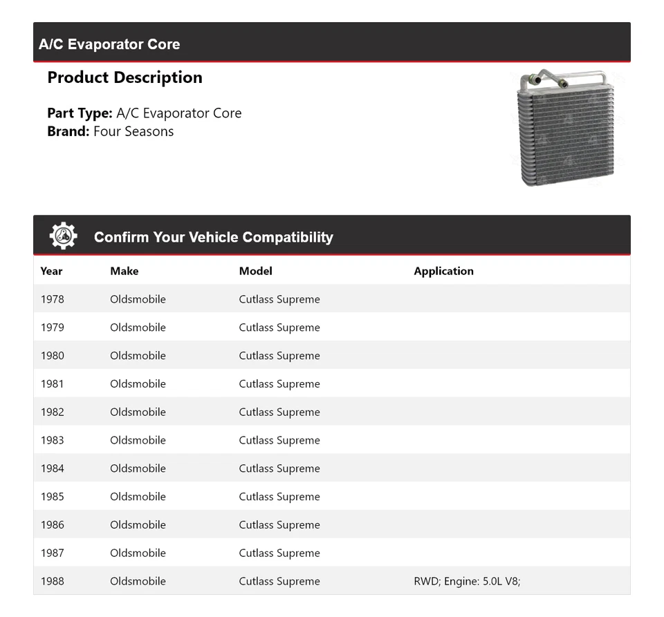 Núcleo evaporador de aire acondicionado Oldsmobile Cutlass Supreme 1978-1988 4 estaciones 1979 1980 Foto 2 de 4
