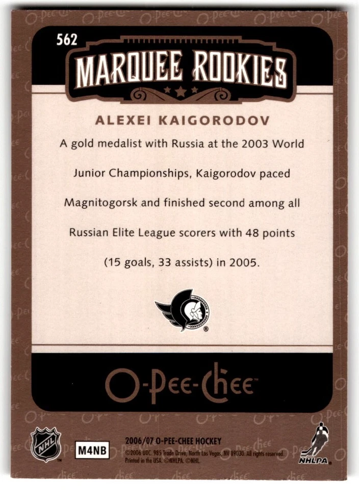 Alexei Kaigorodov 2006-07 O-Pee-Chee Rookie #562 Ottawa Senators - Image 2 of 2
