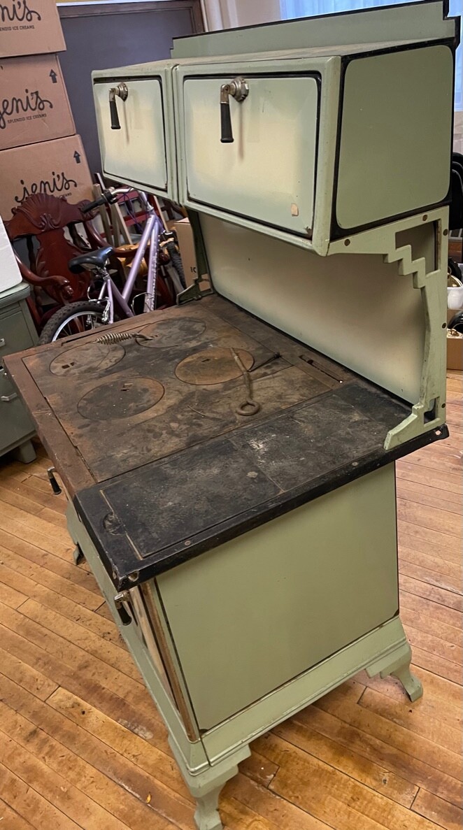 Old Country Farmhouse Beige u0026amp; Green Enameled Wood Cook Stove Range  Qualified | eBay