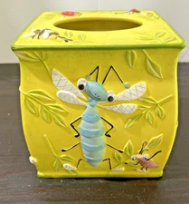 Blonder Home Ceramic Tissue Holder Square Hand Painted Front Insects And Garden