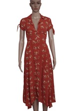 Urban Outfitters UO Elle Button Through Midi Dress Printed Tie Red High Low XS