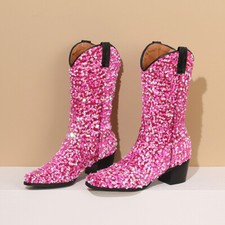 Women Fashion Sparkling Sequin Boot Block Heel Party Knight Boot 34-43 Large