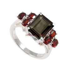 Natural Smoky Quartz  Garnet Gemstone with 925 Sterling Silver Women Ring 3369