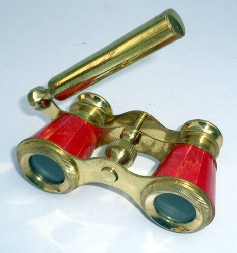 Antico binocolo ottone massiccio occhiali opera rosso madreperla vintage spyglass - Foto 3 di 3