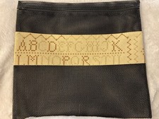 Black Zip Mesh Cross Stitch Project Bag W/ Alphabet Sampler Brown 13 X 12