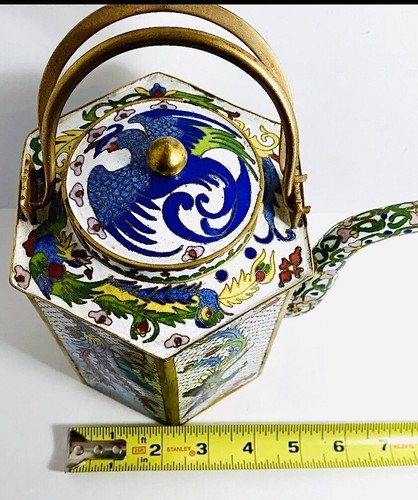 Antique Cloisonné Teapot Chinese Lidded Peacock Birds Hexagon Unique - Picture 17 of 18