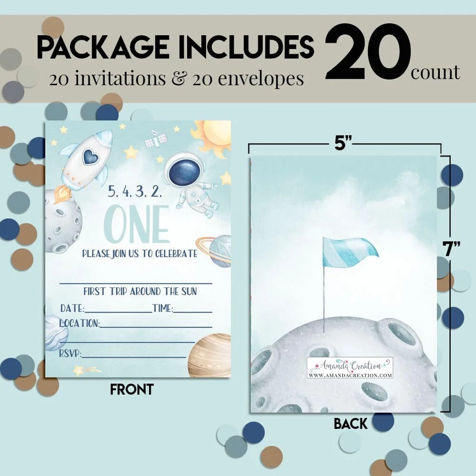 20 Invitaciones de 1er Cumpleaños Espacio Exterior 5x7 Explosión Lunar Niños Doble Cara Foto 4 de 4