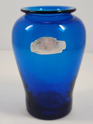 Vintage Blenko art glass 3516F mini urn 3.75" blue vase with label READ