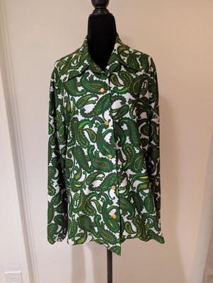 Vintage 1970s Hand Fashioned Long Sleeve Button Up Shirt Large Green Paisley 