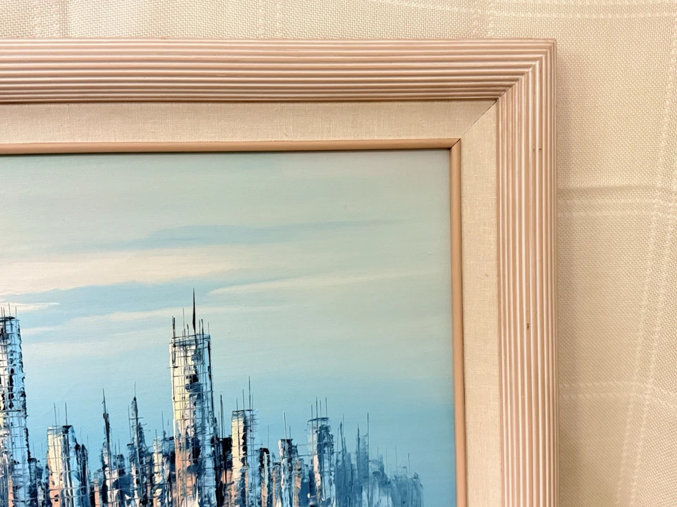 H. Durant Oil Painting Modern Skyline Seascape Mid Century 1960s Blue Tones - Image 3 of 4