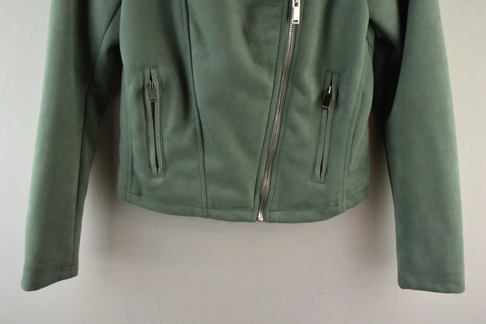 PEacocks Womans Green Zip Biker Faux Suede Jacket SIze 8 Cropped - Image 3 of 4