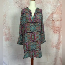 TOLANI global medallion silk shirt dress size S boho artisan mixed print v-neck