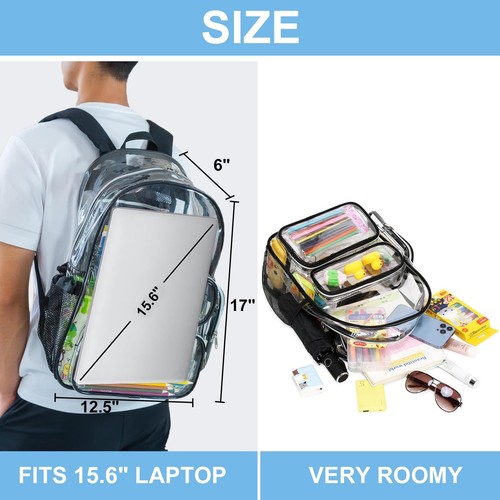 Clear Backpack Heavy Duty Transparent Bag See Through BookBag for Student Sch... - Picture 2 of 9