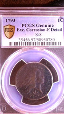1793 LARGE CENT FLOWING HAIR ,WREATH, FINES & BARS,  PCGS FAIR DETAILS S-8