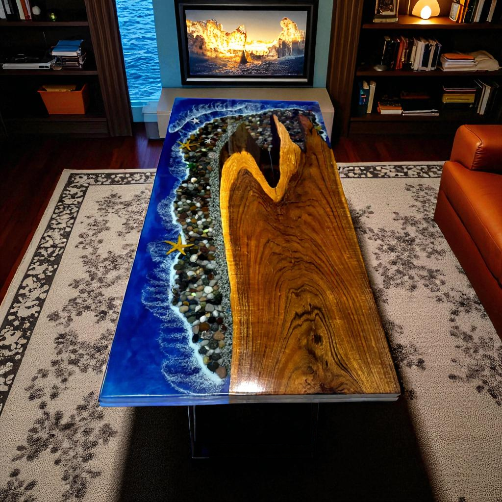 Epoxy Resin Ocean Wave Dining Table Handcrafted Solid Wood River Beach Design