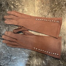 Vintage Brown Fabric Gloves Hand Sewn Tiny Button Detail 6.5 USA EUC