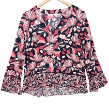 Crown Ivy Floral Blouse Womens Red Blue Long Flared Sleeve V Neck Top Size L
