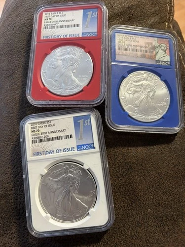 2016 $1 American Silver Eagle 30th Ann Red, White , Blue NGC MS70 FDOI Set