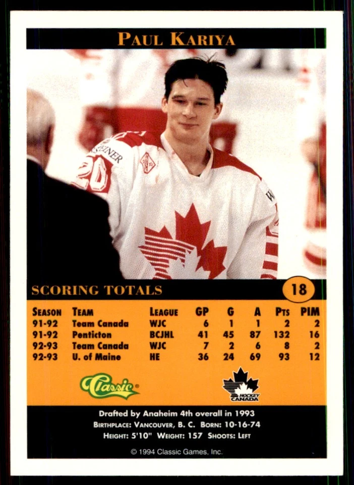 1994-95 Classic Pro Prospects Paul Kariya Canada #18 - Image 2 of 2