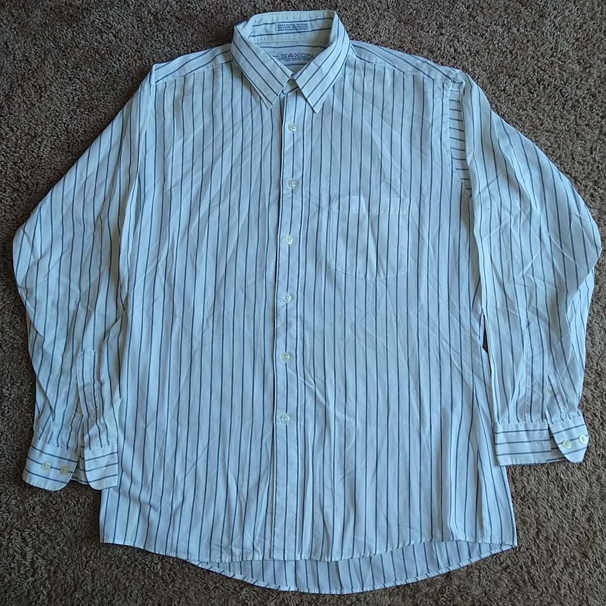 Saxon Fitted White Pinstriped Vintage 90s Mens Button Shirt ~ Long Sleeve ~  16