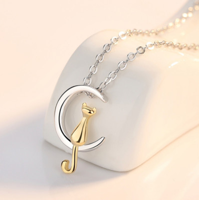 925 Sterling Silver The Cat On Moon Pendant Romantic Night Words Necklace B59