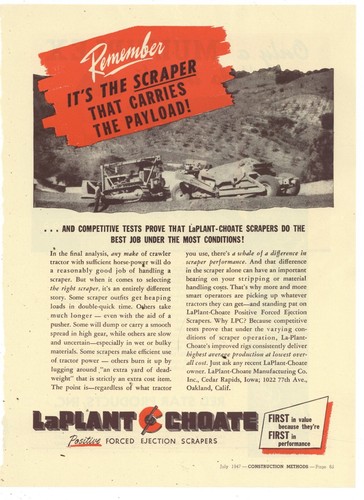 1947 LaPlant Choate Ad: Positive Forced Ejection Scraper - Carries the Load! - 第 1/1 張圖片