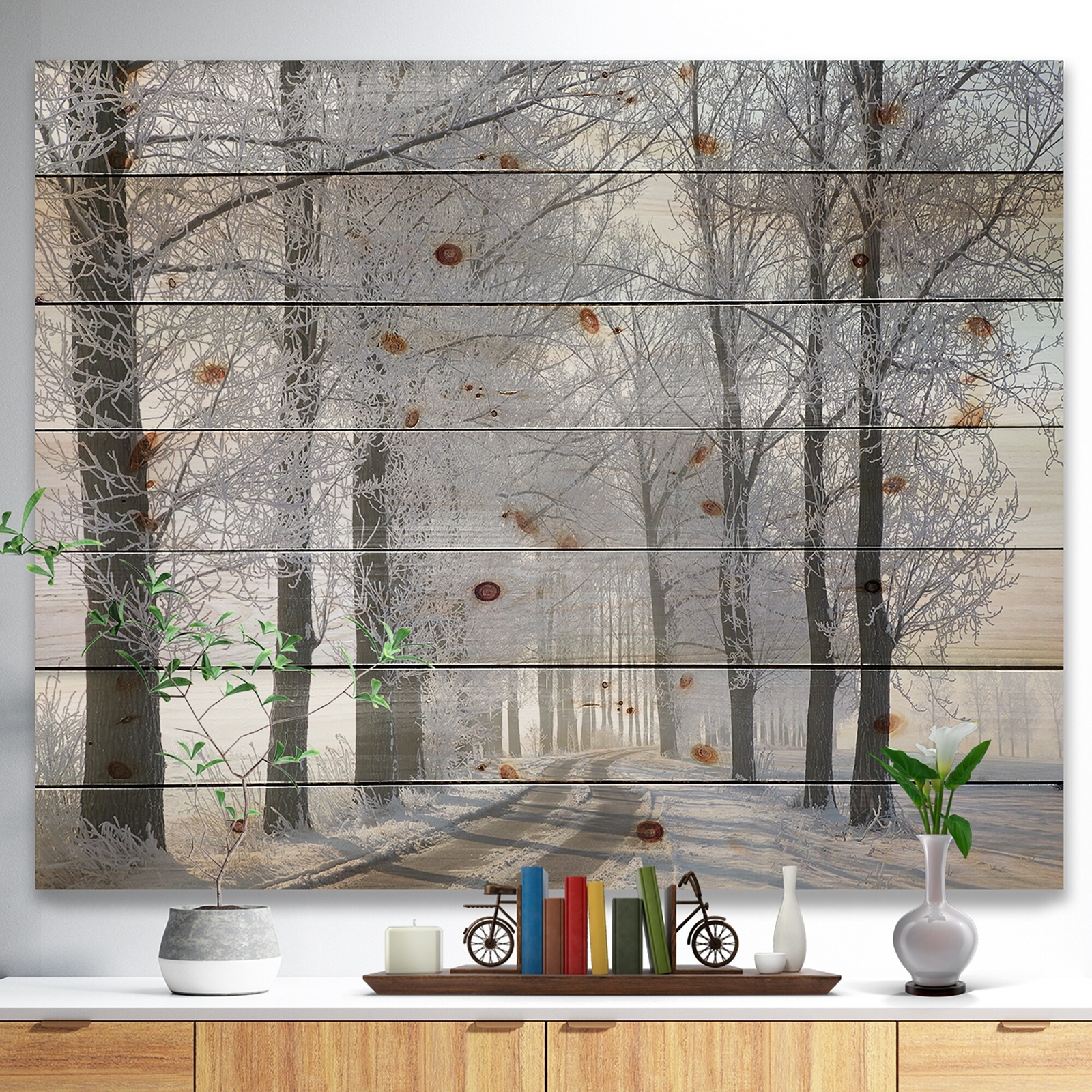 Designart 'Winter Rural Road In The Morning' Nautical & Coastal Wood Wall Art -