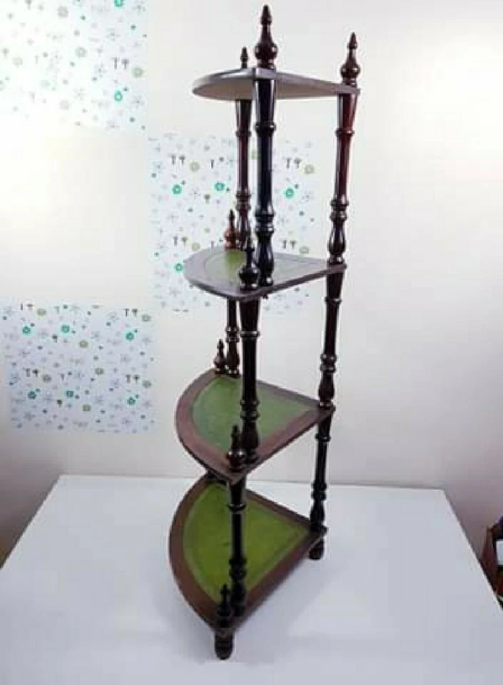 Soporte de exhibición vintage esquina cuero whatnot 4 estantes niveles altos ornamento vegetal. Foto 2 de 4