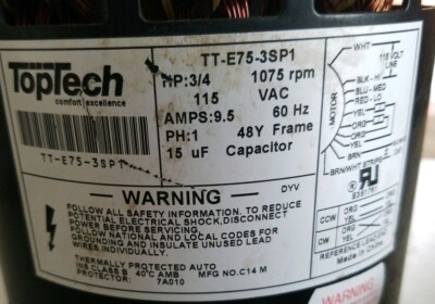 TopTech TT-E75-3SP1 Universal HVAC blower  Motor 3/4 HP 1075 RPM 115V 9.5A #58