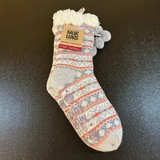 MUK LUKS Cabin Socks Warm Cozy Fuzzy Lined Pom Pom Gray Womens L/XL 8-10 NWT