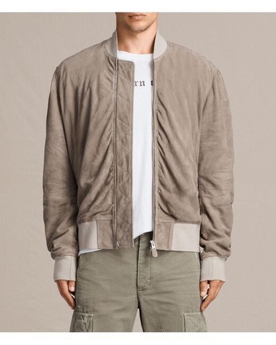 $529 Allsaints Men’s Ari Bomber Suede Beige M