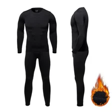 Men Fleece Lined Thermal Underwear Set Skiing Winter Warm Base Layers Top Bottom