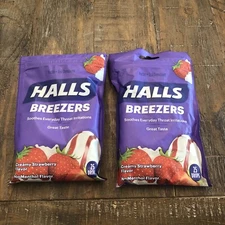 Halls BREEZERS Creamy Strawberry Throat Soothing Lozenges 25 Cough Drops 2 Pack