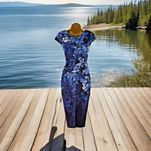 KAREN MILLEN BLUE FLORAL-PRINT PENCIL DRESS UK 14 (US 10) EUR 42 - Picture 10 of 13