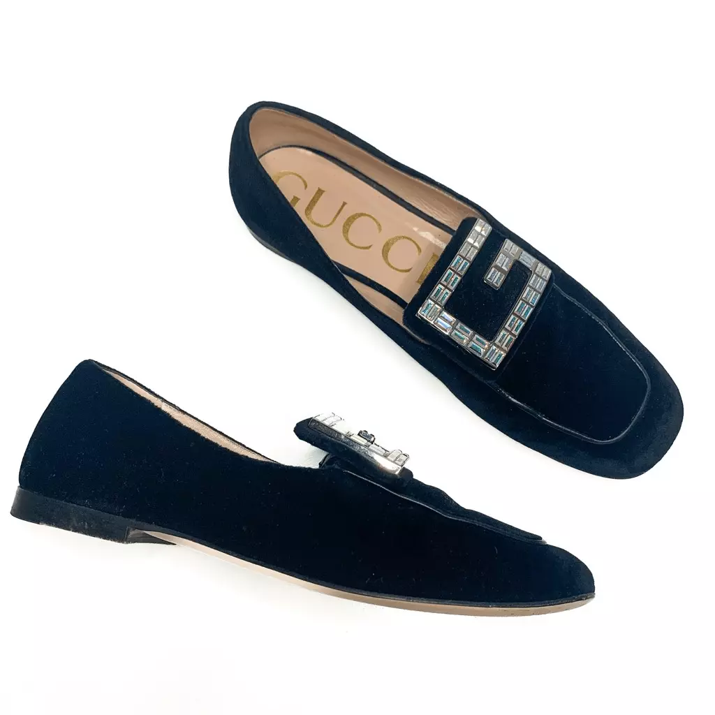 Mocassin noir Gucci Softy Velvet Crystal G Flats EU 38 US 8 GG orné