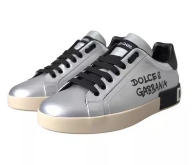 Dolce & Gabbana Silver and Black Leather Portofino Sneakers. Size 8 Men s