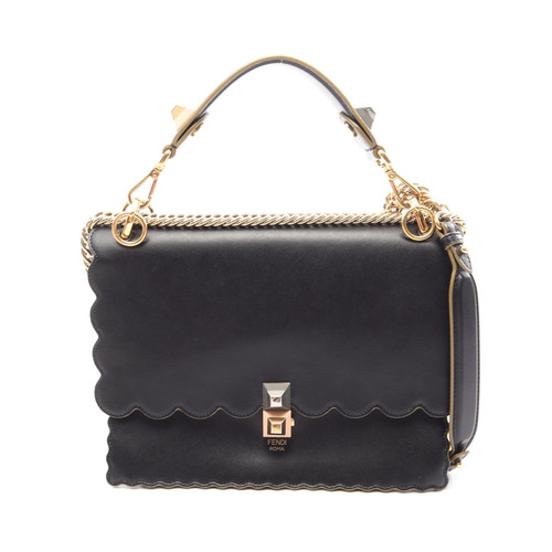 Fendi Canay Medium Chain Shoulder Bag Leather Black Used Authentic