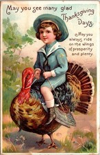 Thanksgiving Postcard Child Riding Turkey Prosperity & Plenty 1912