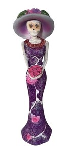 Day Of The Dead Catrina 12” Skeleton Sculpture Purple Glitter Dress Mexican