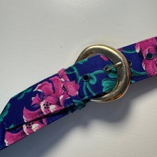 Vtg 80s Blue Floral Wide Waist Fabric Belt Gold Buckle Pink Botanical Maximalist