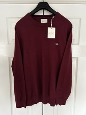 Image of Men's Gant XL Crew Neck Jumper - BNWT Wine Red Cotton L/S Sweater - RRP £100