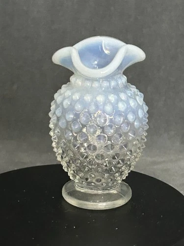 Vintage Fenton Glass White Opalescent Hobnail Ruffled Edge Mine Bud Vase 4"